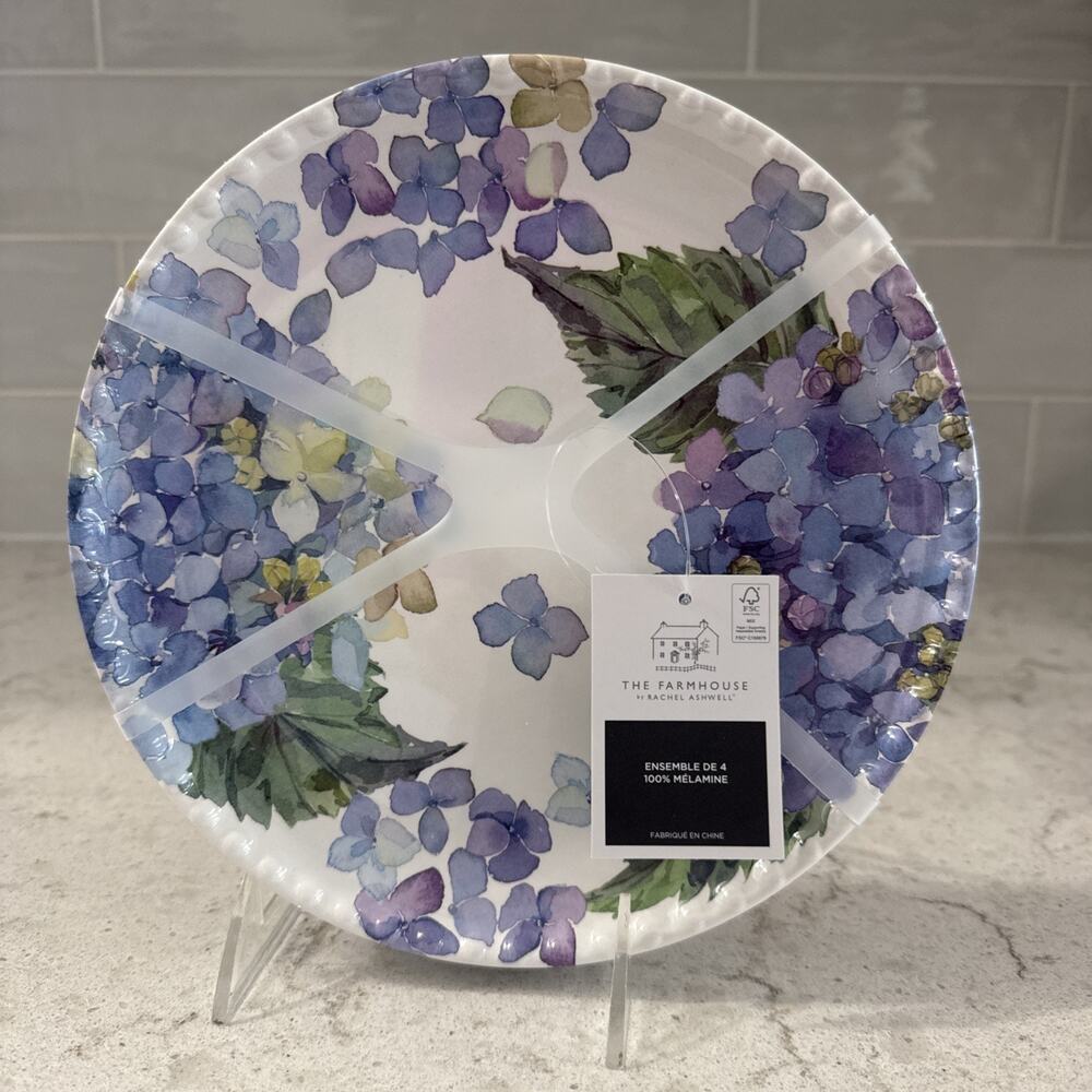 Set 4 HYDRANGEA 8.5” Melamine Salad Plates Farmhouse Rachel Ashwell NEW Blue